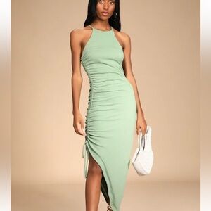 NWT Lulus Break The Rules Ruched Asymmetrical Midi Dress Sage Green Size Large